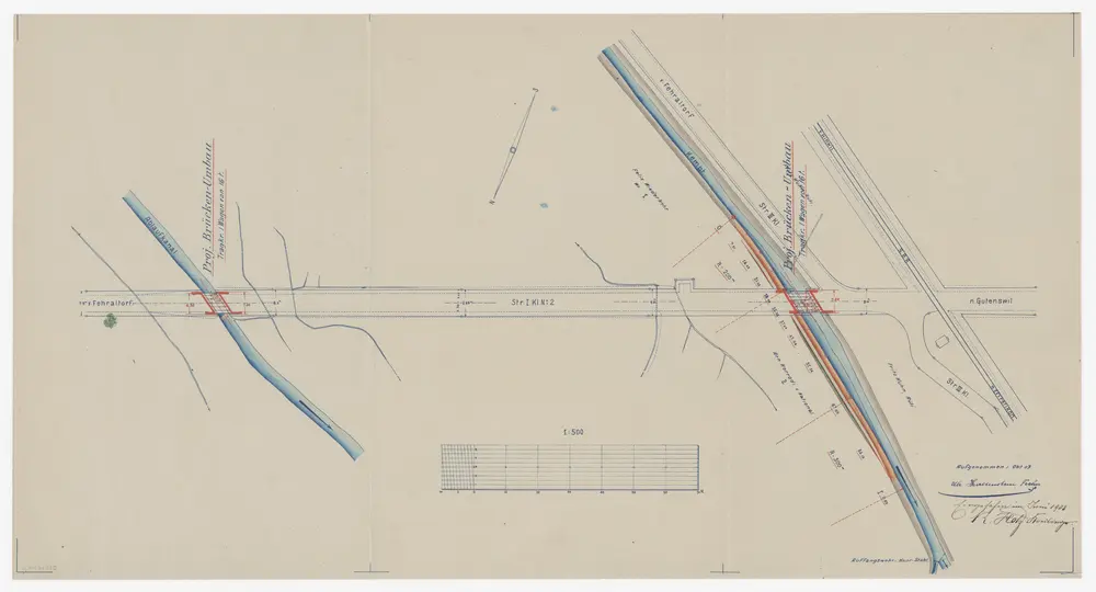 Fehraltorf: Projektierte eiserne Balkenbrücken über die Kempt und den Ablaufkanal der Obermühle; Situationsplan