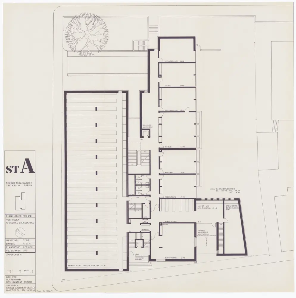 Staatsarchiv des Kantons Zürich, projektierter Neubau zwischen Zeltweg, Wettingerwies und Promenadengasse: Vorprojekt: Erdgeschoss; Grundriss