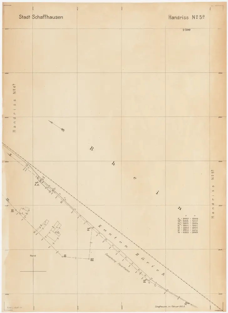 Feuerthalen bis Flurlingen: Durch den Vertrag vom 11.01.1901 zwischen den Kantonen Zürich und Schaffhausen festgelegter Grenzverlauf am linken Rheinufer bei Schaffhausen; Situationsplan-Handrisse: Rhein bei Feuerthalen; Situationsplan-Handriss (Nr. 5 a)