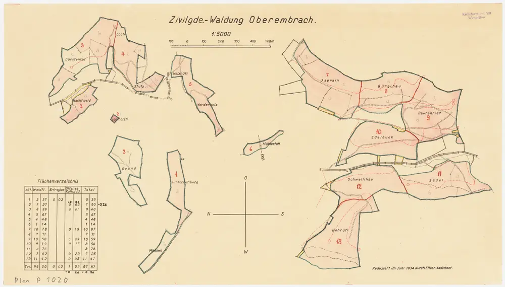 Oberembrach: Zivilgemeindewaldungen Aspenrain (Asprain), Burenriet (Baurenriet), Bürgihau, Edlibruck (Edelbuck), Sädel, Im Erbgut, Schwellihau, Horüti (Hohrüti), Nachtweid, Loch, Dürstental (Dürstenthal), Stutz, Holzrüti, Vorderholz, Brand, Müsen (In Mäusen), Hinterrüti (Hinterrütiberg), Mülistatt (