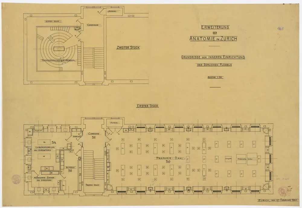 Zürich: Kantonsspital, Erweiterung der Anatomie-Abteilung, südlicher Flügel, 1. und 2. Stock, Einrichtung; Grundriss