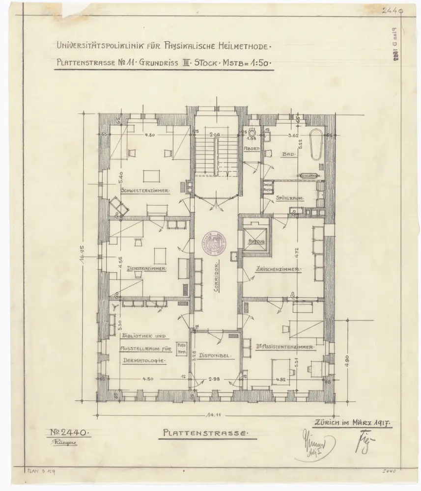 Universitätspoliklinik für physikalische Heilmethoden, Plattenstrasse 11: 3. Stock; Grundriss