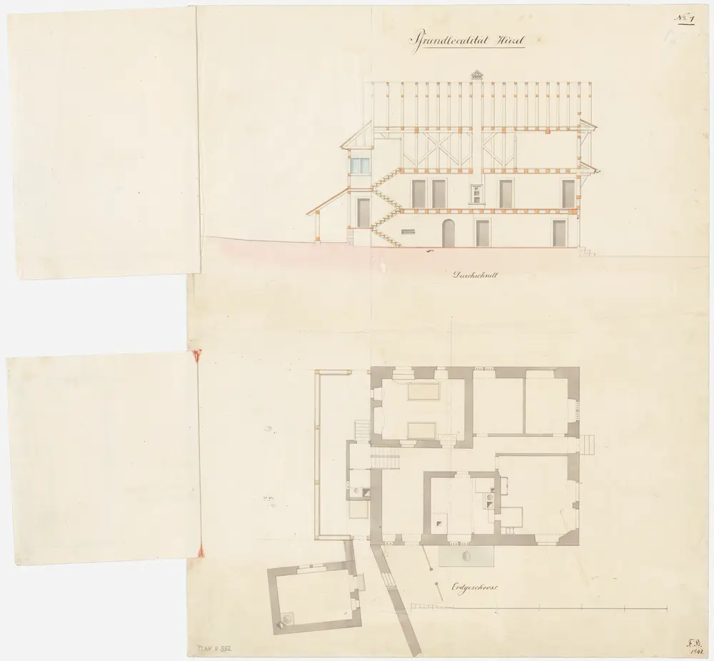 Hirzel: Pfarrhaus mit projektiertem Holzschuppenanbau; Grundriss und Querschnitt (Nr. 1)