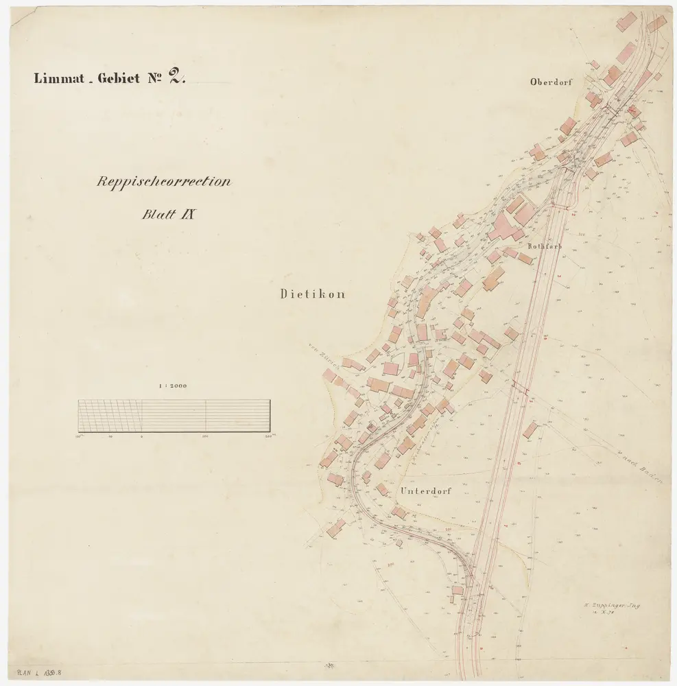 Birmensdorf bis Dietikon: Von oberhalb Landikon bis zur Einmündung in die Limmat, Reppischkorrektion: Blatt IX: Dietikon: Oberdorf bis Unterdorf; Situationsplan (Limmat-Gebiet Nr. 2)