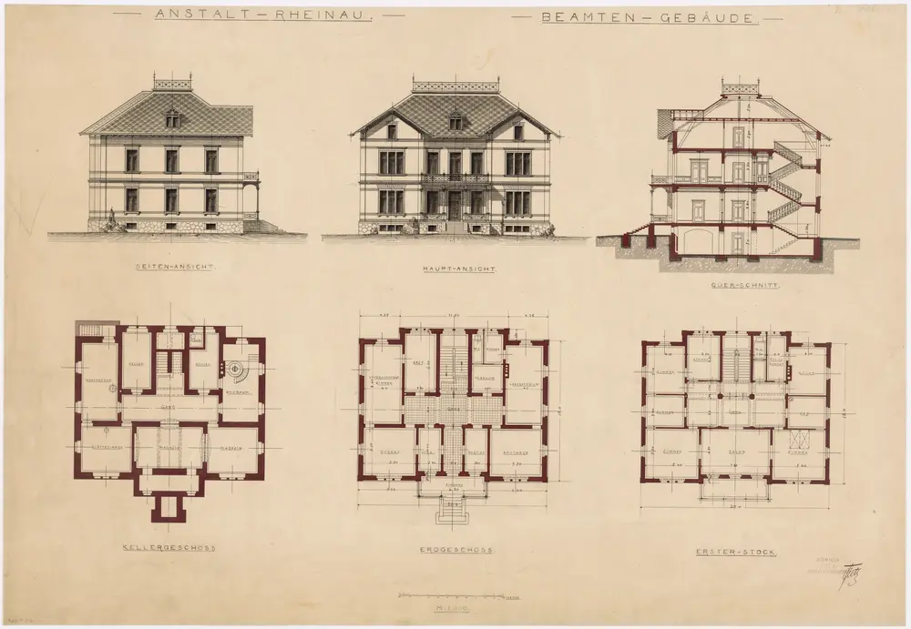 Pflegeanstalt Neu-Rheinau: Beamtengebäude; Ansichten, Grundrisse und Querschnitt