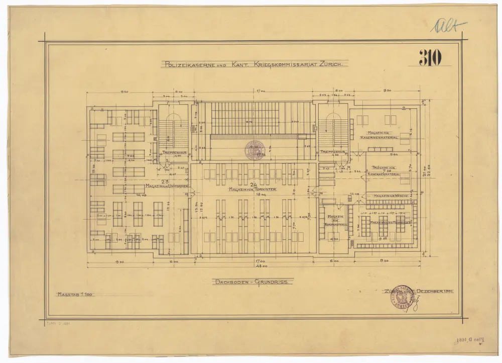 Polizeikaserne und kantonales Kriegskommissariat: Dachgeschoss; Grundriss