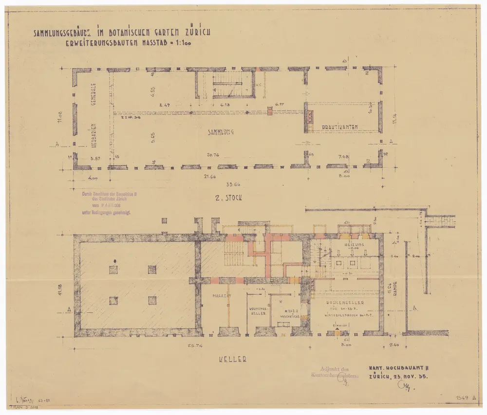 Botanischer Garten, Sammlungsgebäude, Talstrasse 71: Abänderung eines Projekts betreffend Anbau, Umbau und Aufbau; Keller und 2. Stock; Grundrisse