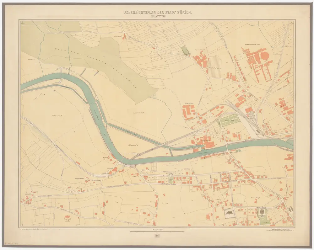 Übersichtsplan der Stadt Zürich und der umliegenden Gemeinden in 23 Blättern, Blatt VIII: Teile von Wollishofen, Wiedikon und Enge