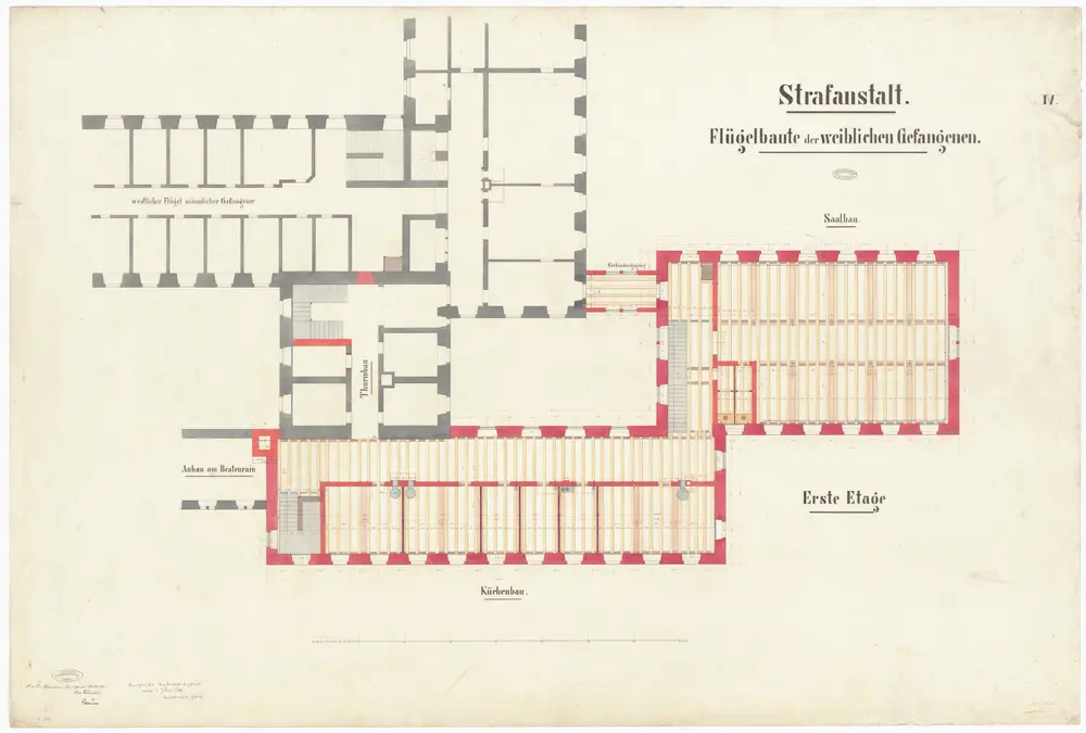 Kantonale Strafanstalt Oetenbach: Um- und Ausbau; Frauenabteilung, Küchenbau, Saalbau und Turmbau, 1. Stock; Grundrisse