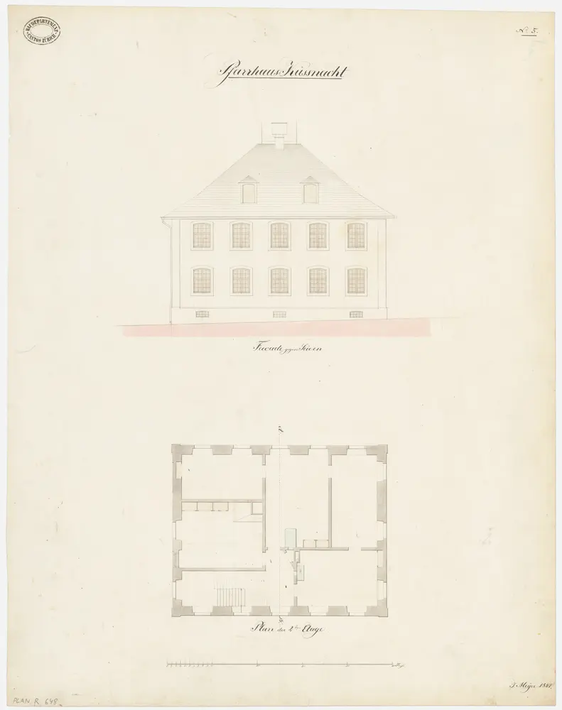 Küsnacht: Pfarrhaus; Grundriss des 2. Stocks und Südansicht (Nr. 5)