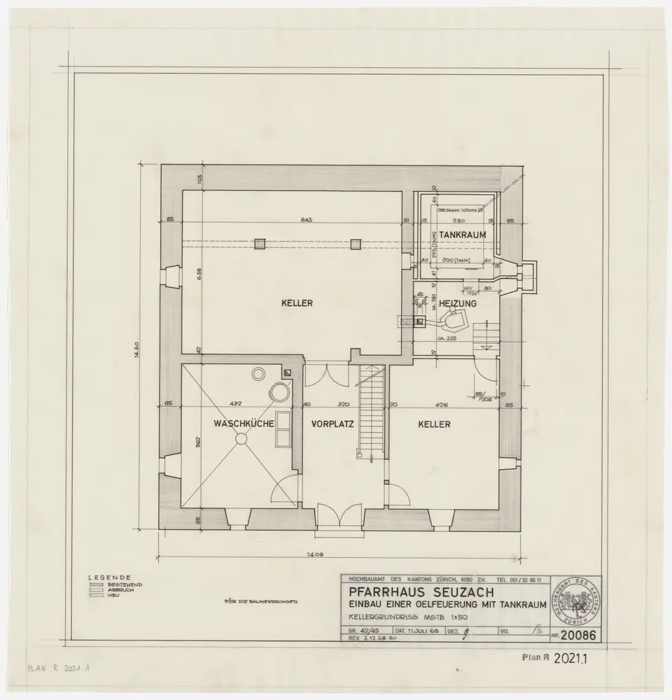 Seuzach: Pfarrhaus, Einbau einer Ölheizung: Keller; Grundriss