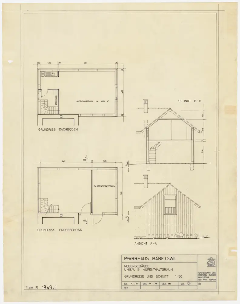 Bäretswil: Nebengebäude, Remise und Garage: Nebengebäude, Umbau in einen Aufenthaltsraum; Grundrisse des Erd- und Dachgeschosses, Ansicht und Querschnitt