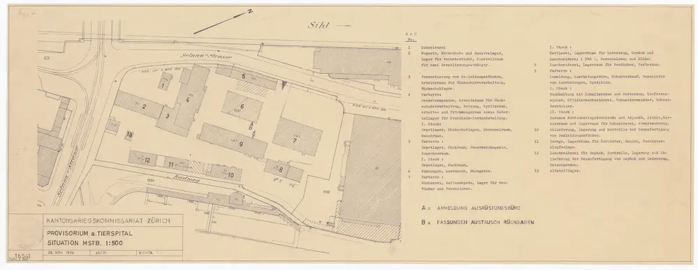 Kantonskriegskommissariat: Provisorium am Tierspital; Situationsplan