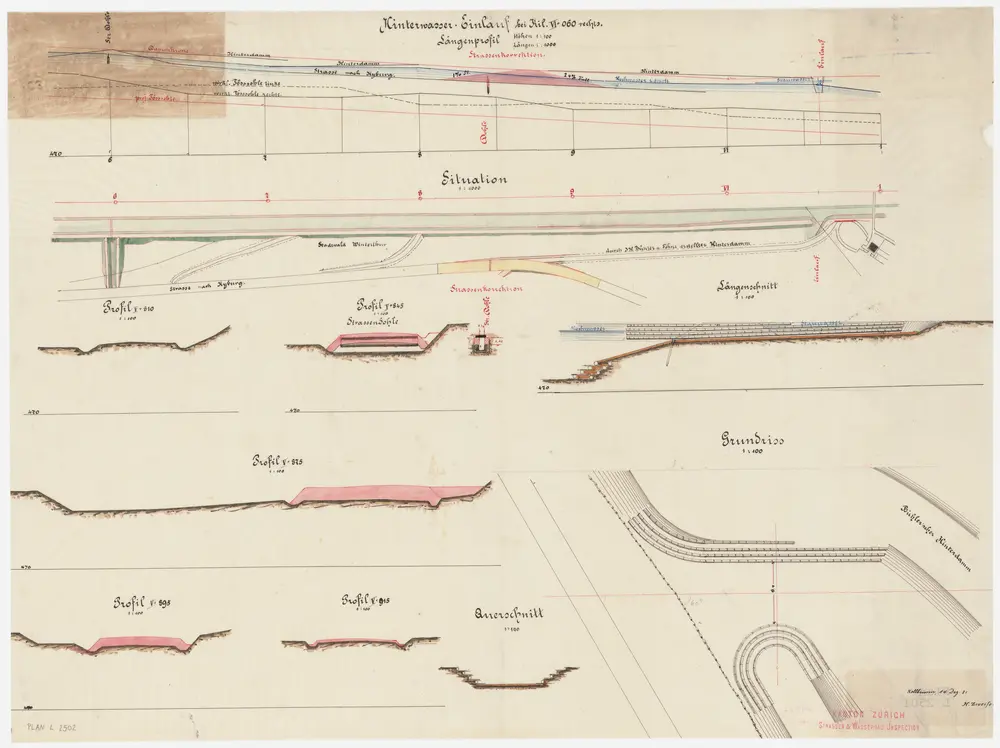 Kyburg, Seen: Töss unterhalb Sennhof, Hinterwassereinlauf und Strassenkorrektion; Situationsplan, Grundriss, Längsprofil, Längsschnitt und Profile (Töss-Gebiet Nr. 58)