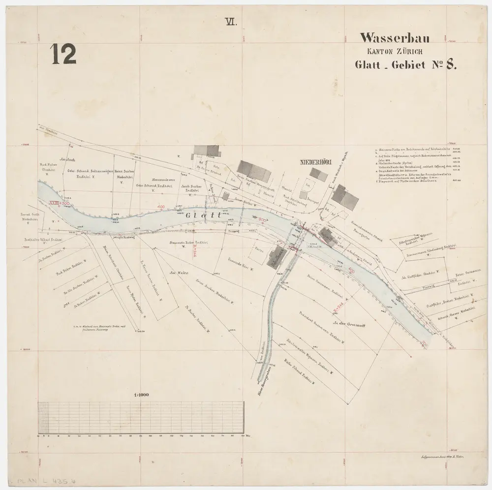 Rümlang bis Bülach: Glatt von der Mühle in Rümlang bis zum Zieglenwehr in Bülach; Grundrisse (Glatt-Gebiet Nr. 8): Blatt VI: Glatt in Höri-Niederhöri; Grundriss (Glatt-Gebiet Nr. 8)