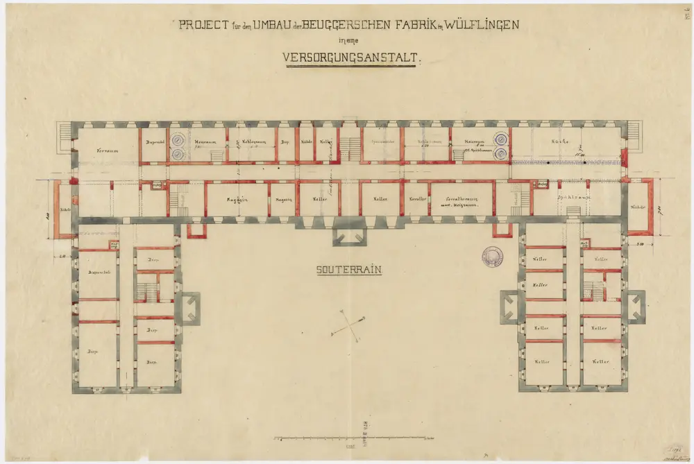 Wülflingen: Pflegeanstalt, Projekt für den Umbau der Beuggerschen Fabrik, Keller; Grundriss