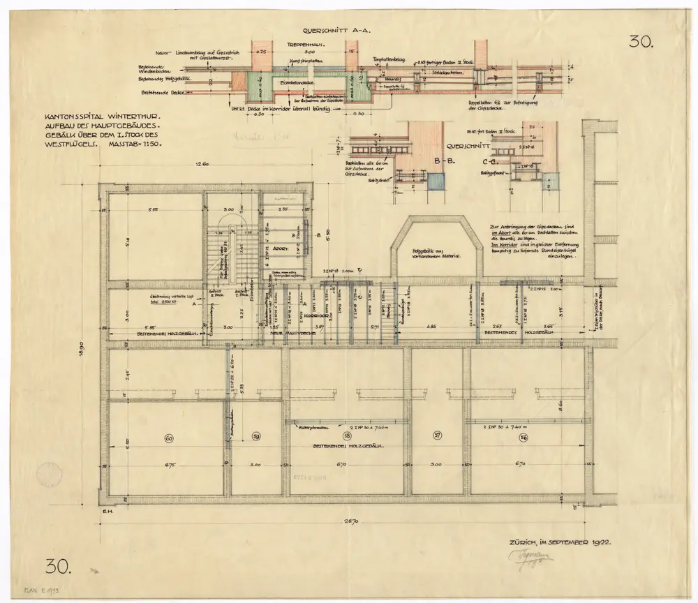 Winterthur: Kantonsspital, Hauptgebäude, Aufbau, Westflügel, Gebälk über dem 1. Stock; Grundriss und Querschnitte (Nr. 30)