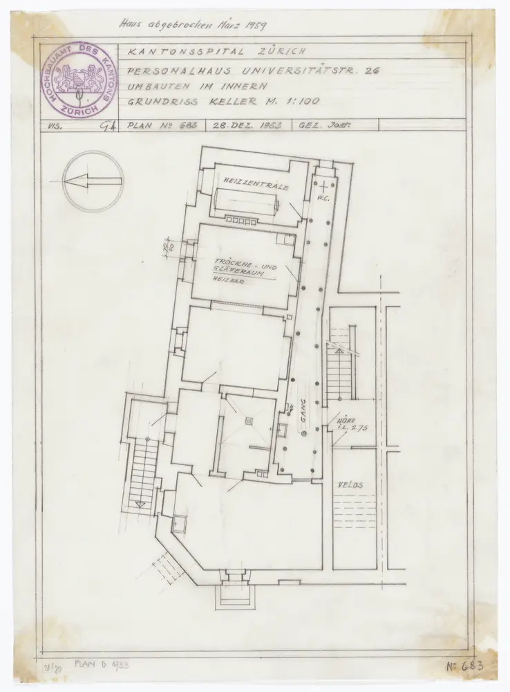 Kantonsspital, Personalhaus, Universitätstrasse 26: Umbauten im Innern; Kellergeschoss; Grundrisse