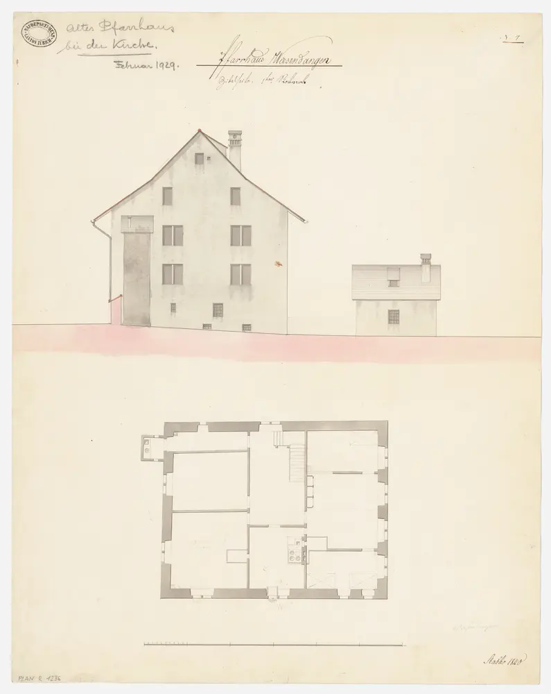 Wiesendangen: Altes Pfarrhaus bei der Kirche und Waschhaus; Grundriss des 1. Stocks und Ostansichten (Nr. 7)