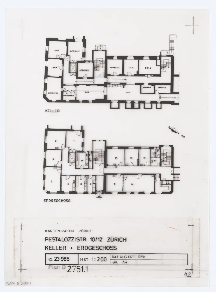 Liegenschaft Pestalozzistrasse 10 und 12, Aussenstation des Kantonsspitals: Grundrisse: Keller und Erdgeschoss; Grundriss