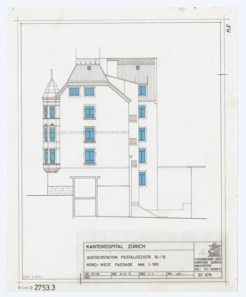 Liegenschaft Pestalozzistrasse 10 und 12, Aussenstation des Kantonsspitals: Ansichten: Nordwestansicht