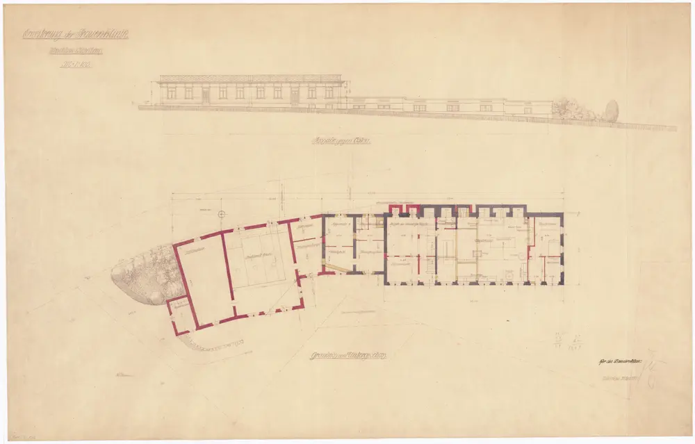 Frauenklinik Zürich: Erweiterung des Wasch- und Kesselhauses; Grundriss des Untergeschosses und Ostansicht