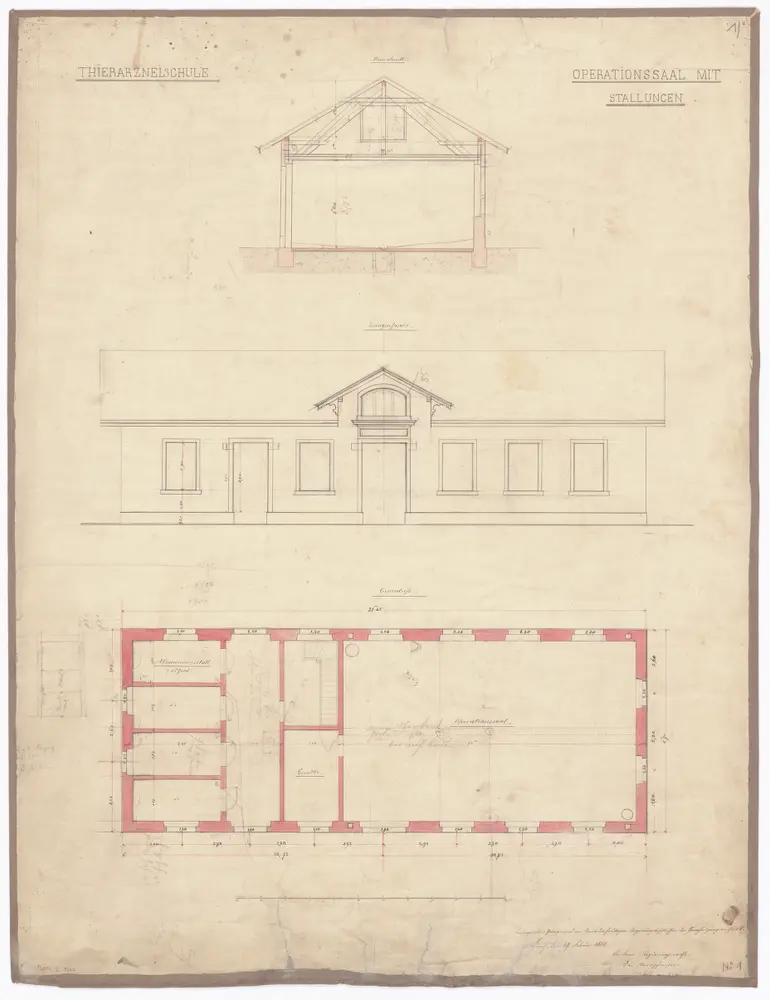 Tierarzneischule Selnaustrasse, Operationssaal mit Stallungen: Längsansicht, Grundriss und Querschnitt