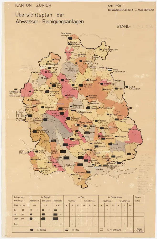 Kanton Zürich: Bestehende und projektierte Abwasserreinigungsanlagen, Zustand 01.01.1974; Übersichtskarte