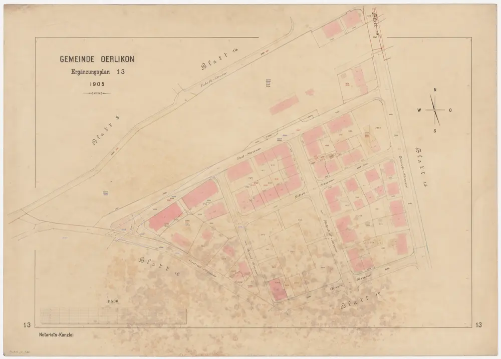 Oerlikon: Gemeinde; Kataster-Ergänzungspläne: Ergänzungsblatt 13: Gegend bei Poststrasse, Zürichstrasse und Zentralstrasse; Situationsplan