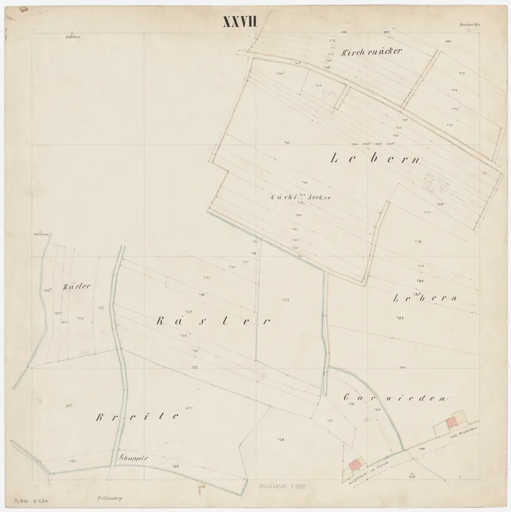 Oerlikon: Gemeinde; Kataster-Ergänzungspläne: Blatt XXVII: Rässler, Kirchenäcker, Lebern, Küchiäcker, Breite, Schuppis, Garwieden; Situationsplan