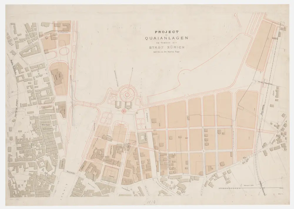 Zürich: Projektierte Quaianlagen im Stadtgebiet und bis zur Station Enge; Grundriss