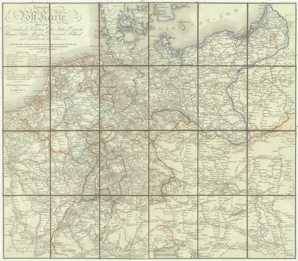 Neueste Post-Karte durch ganz Deutschland, Helvetien, Ober Italien, Oestreich, Ungarn, Pohlen, Preussen, Dänemark, Holland und Frankreich bis Paris
