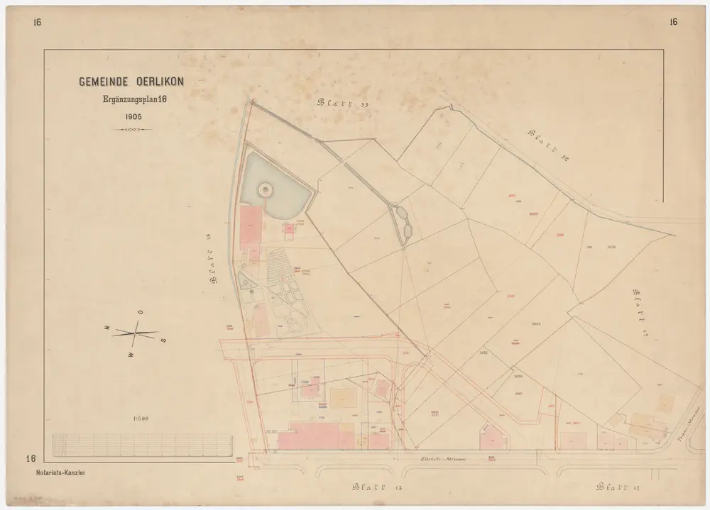 Oerlikon: Gemeinde; Kataster-Ergänzungspläne: Ergänzungsblatt 16: Gegend bei Zürichstrasse und Tramstrasse; Situationsplan