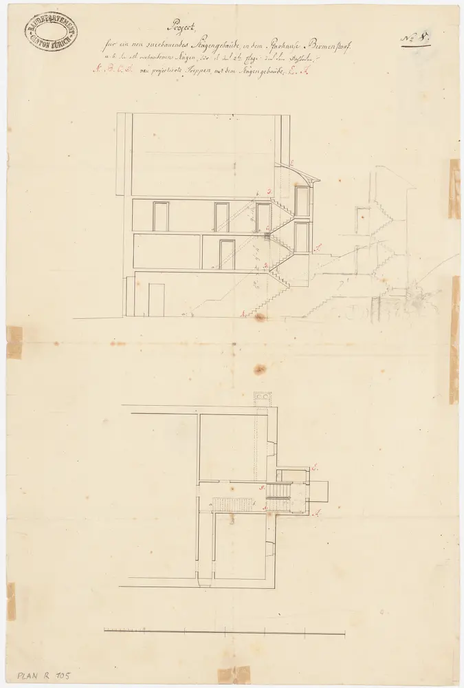 Birmensdorf: Pfarrhaus, projektiertes Treppenhaus; Querschnitt und Grundriss (Nr. 8)