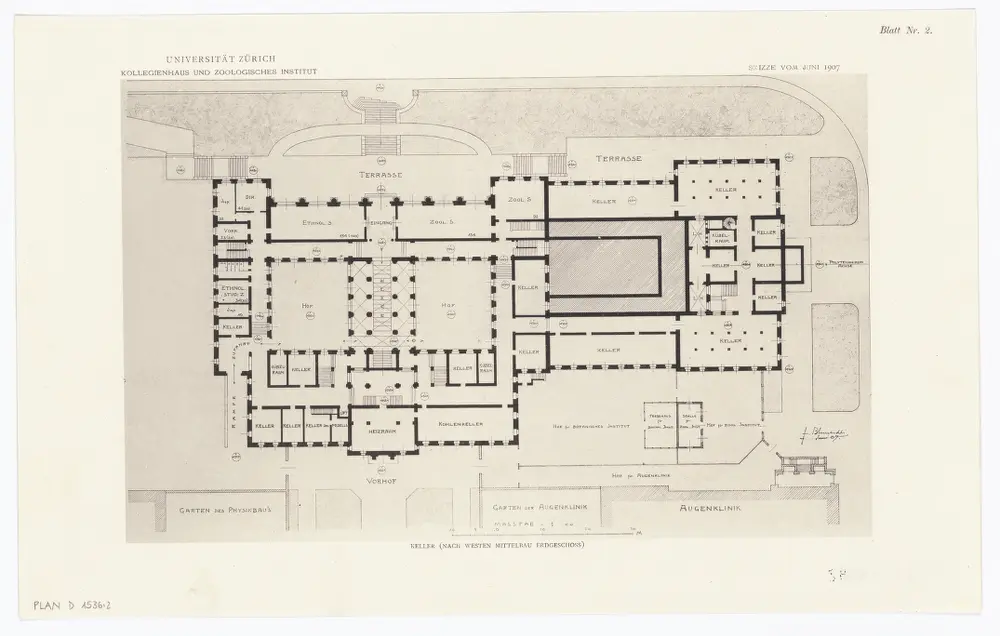 Universität Zürich, projektiertes Kollegienhaus und projektiertes Zoologisches Institut: Kellergeschoss des Westbaus, Erdgeschoss des Mittelbaus; Grundriss (Nr. 2)