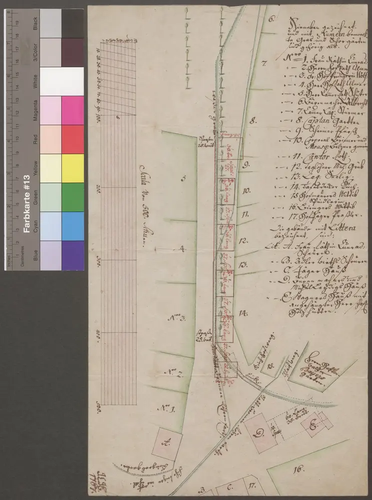 HZAN GA 100_Nr. 175_ : Kirchberg; "Gras- und Schorgärten";J.C.H.500 Schuh = 28,3 cm;22 x 38 cm;Papier; Federzeichnung; Flurstücke in Wasserfarben, nummeriert, Besitzervermerk.