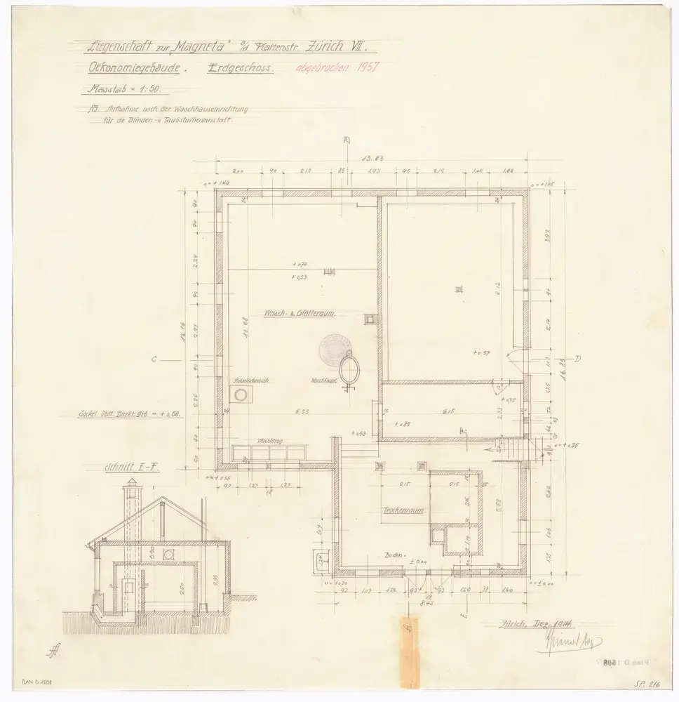 Physikalisches Institut, Oekonomiegebäude, ehemals Magneta, Plattenstrasse: Erdgeschoss; Grundriss und Schnitt