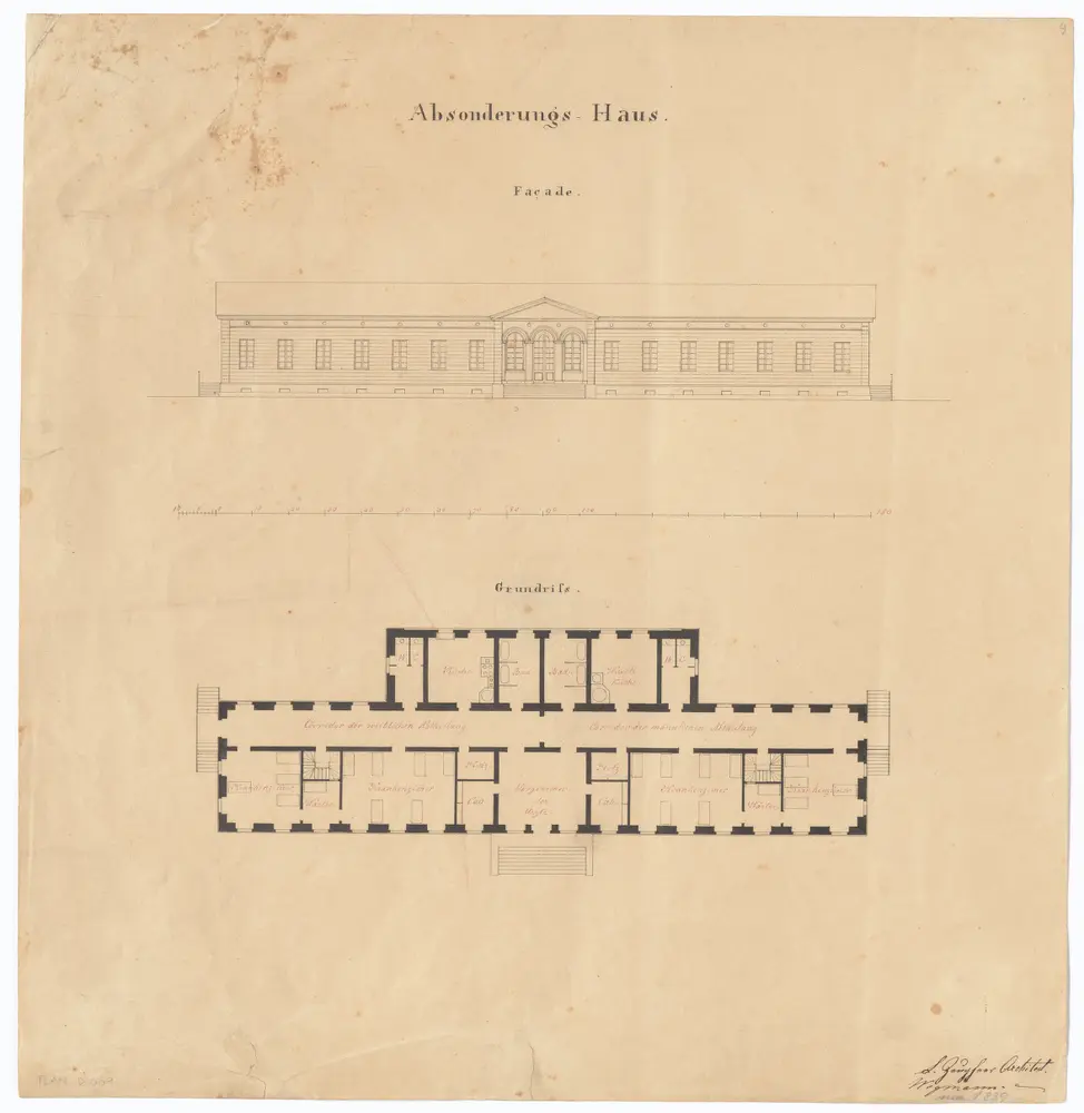 Kantonsspital Zürich, projektiertes Absonderungshaus, Oberstrass: Ansicht und Grundriss