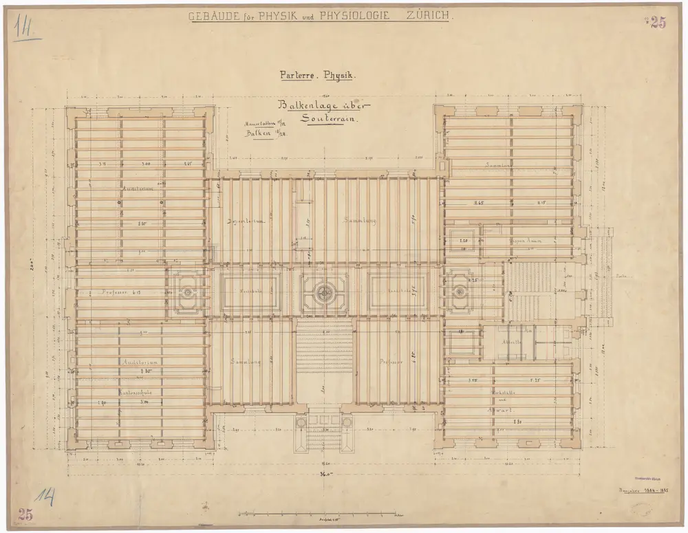 Eidgenössisches Polytechnikum, Physikgebäude, Gloriastrasse 35: Abteilung Physik, Erdgeschoss, Balkenlage über dem Keller; Grundriss