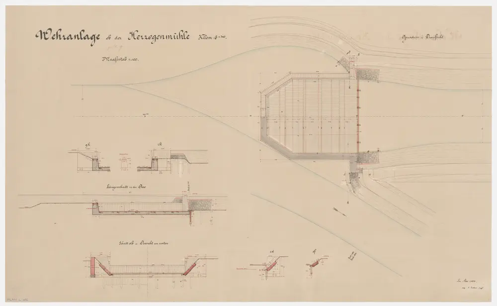 Schwamendingen, Wallisellen: Wehranlage oberhalb der Herzogenmühle; Grundriss, Längsschnitte, Schnitte und Ansichten (Glatt-Gebiet Nr. 46)