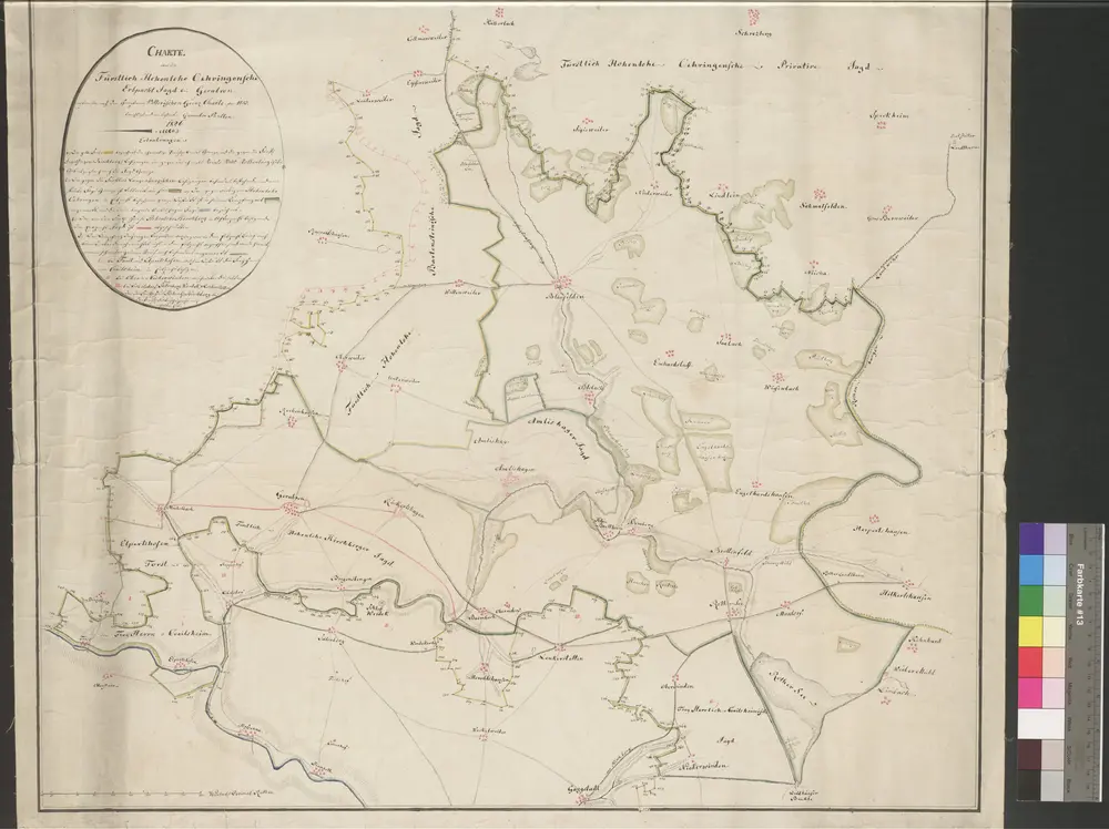 HZAN GA 100_Nr. 83_ : Gerabronn; "Fürstlich Hohenlohe-Öhringische Erbpachtjagden bei Gerabronn";verbessert nach der Hauptmann Vetterischen Grenzkarte durch Geometer Pantlen;900 württembergische Ruten = 11,7 cm [4 cm = 1 km];69,5 x 59,5 cm; Norden oben;Kartenrand: Kälberbach-Schrozberg; Speckheim-Hilgartshausen; Gaggstatt-Morstein; Michelbach-Raboldshausen;Papier; Federzeichnung mit Schraffen; Grenzen, Waldstücke und Siedlungen in Wasserfarben;Waldstücke mit Flurnamen; Nummerierung der Grenzsteine; links oben Erläuterung der Farben und Grenzen.