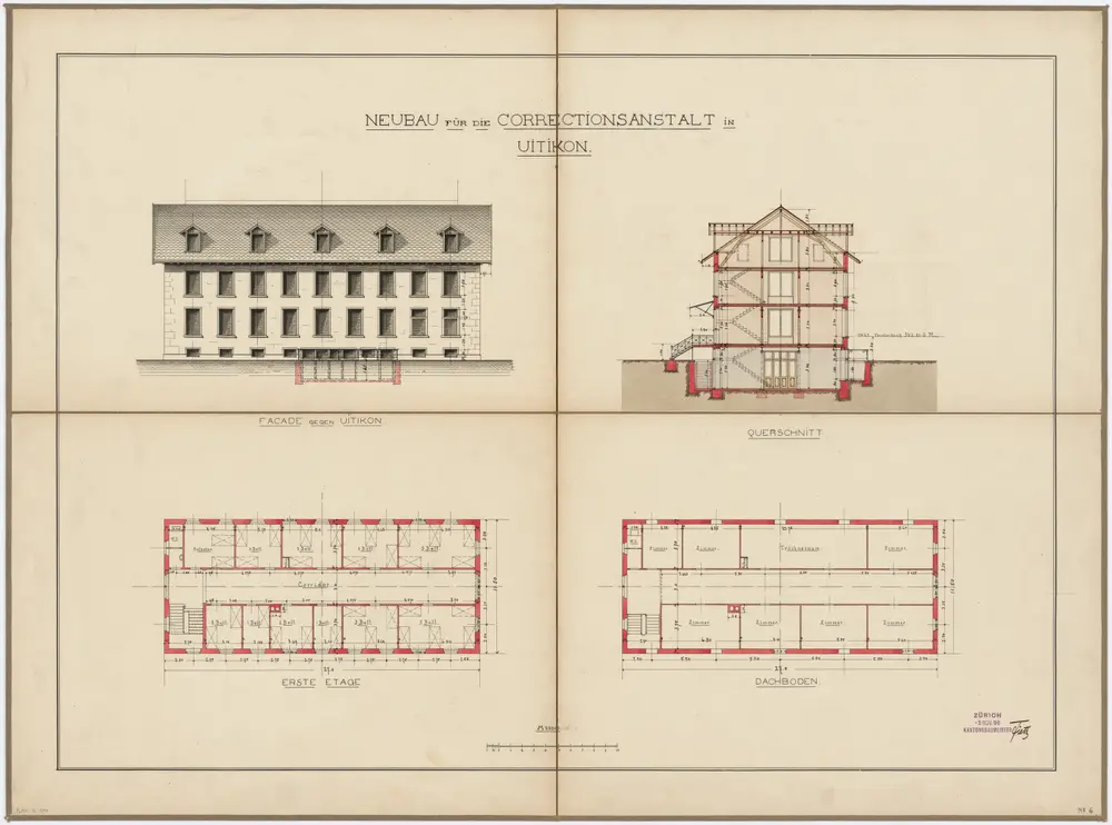 Uitikon: Korrektionsanstalt, Neubau; Ansicht, Grundrisse und Querschnitt