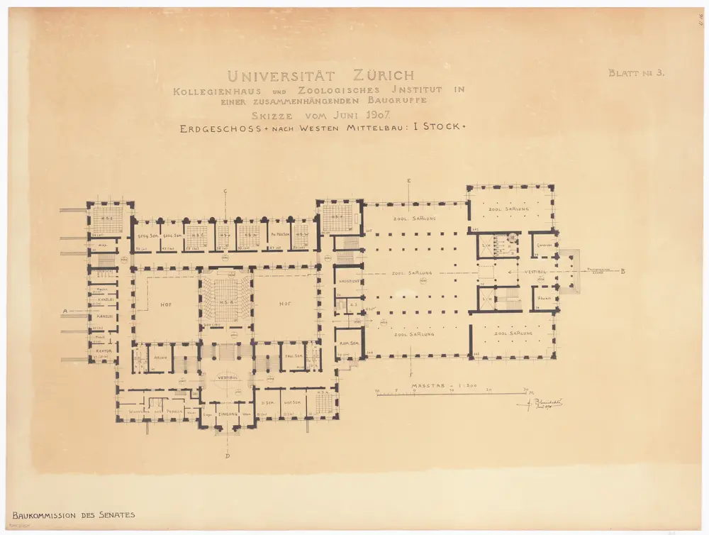 Universität Zürich, projektiertes Kollegienhaus und projektiertes Zoologisches Institut: Erdgeschoss des Westbaus, 1. Stock des Mittelbau; Grundriss (Nr. 3)