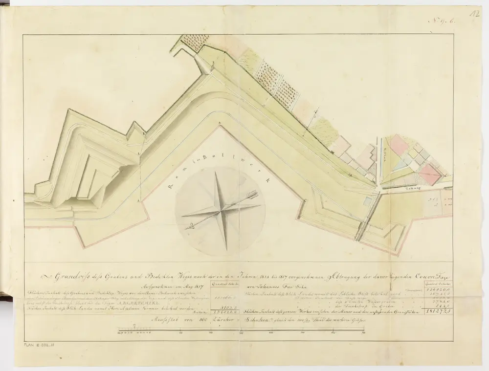 Zürich: Dem Spital Zürich gehörende Lehen in den Fortifikationswerken; Ansichten, Grundrisse und Schnitte: Graben und bedeckter Weg beim Rämi-Bollwerk; Grundriss