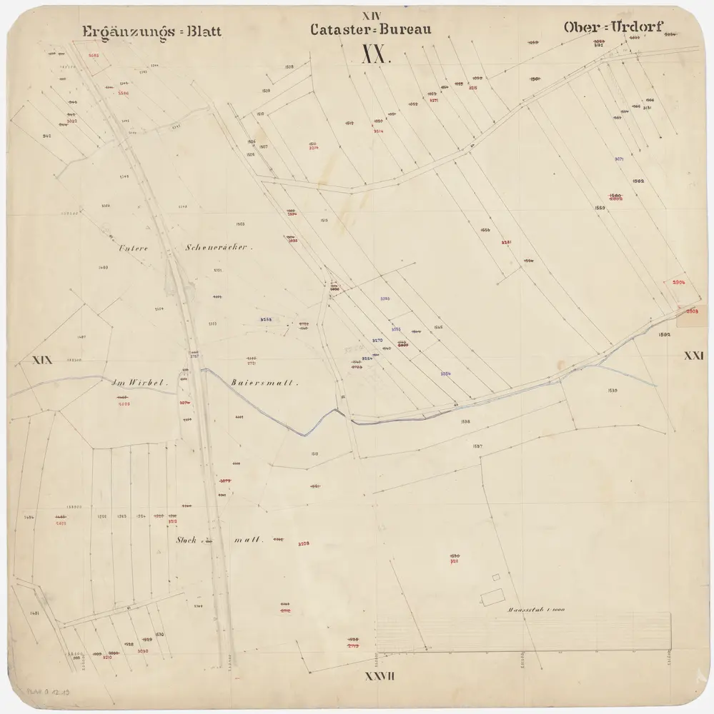 Oberurdorf: Gemeinde; Kataster-Ergänzungspläne: Ergänzungsblatt XX: Unterer Schüracher (Scheueräcker), Im Wirbel, Baiersmatt und Stockmatt; Situationsplan