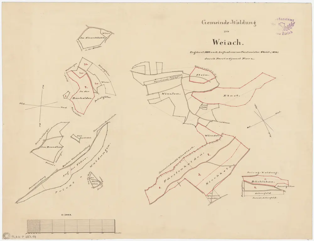 Weiach: Gemeindewaldung: Flüenen (Auf den Flüen), Brandhau, Buhalden (Bauhalden), Isenbüeli (Im Eisenbüehli), Durhäuli (Durchhölzli), Winzlen, Stein (Auf dem Stein), Äbnet (Ebnet), Wörndel, Büechlihau (Büchlihau), Chilenholz (Kirchholz); Grundrisse