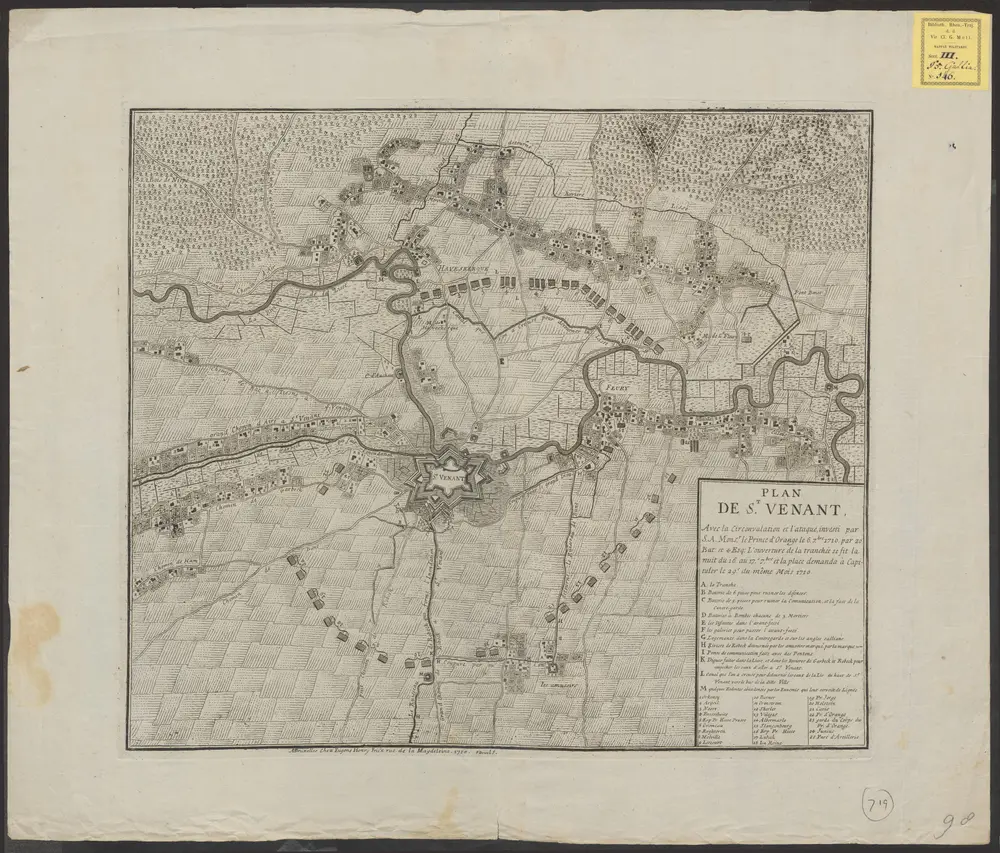 Plan de St. Venant, avec la circonvalation et l'ataque, investi par S. A. Monr. le Prince d'Orange le 6. 7bre 1710, par 20 Bat. et 4 Esq.: l'ouverture de la tranchée se fit la nuit du 16. au 17. 7bre et la place demanda à capituler le 29e. du même Mois