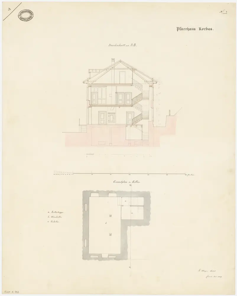 Rorbas: Pfarrhaus; Grundriss des Kellers und Querschnitt (Nr. 3)