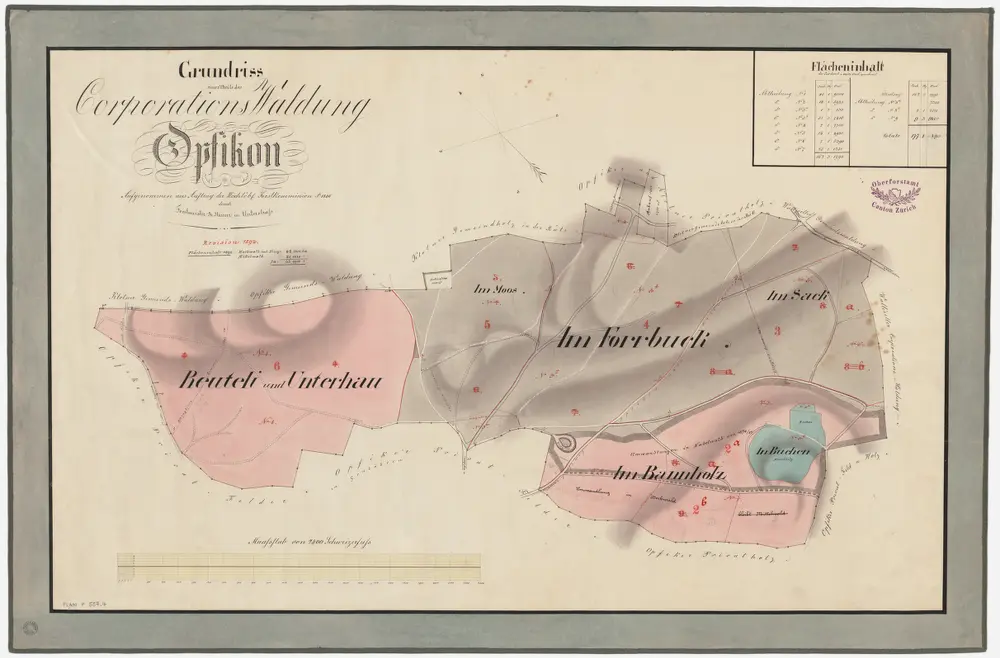 Opfikon: Gemeinde- und Genossenschaftswaldungen: Genossenschaftswaldungen Sack, Rüteli (Reuteli), Unterhau, Bannholz, Buchen, Forrbuck, Moos; Grundriss (Tab. I)