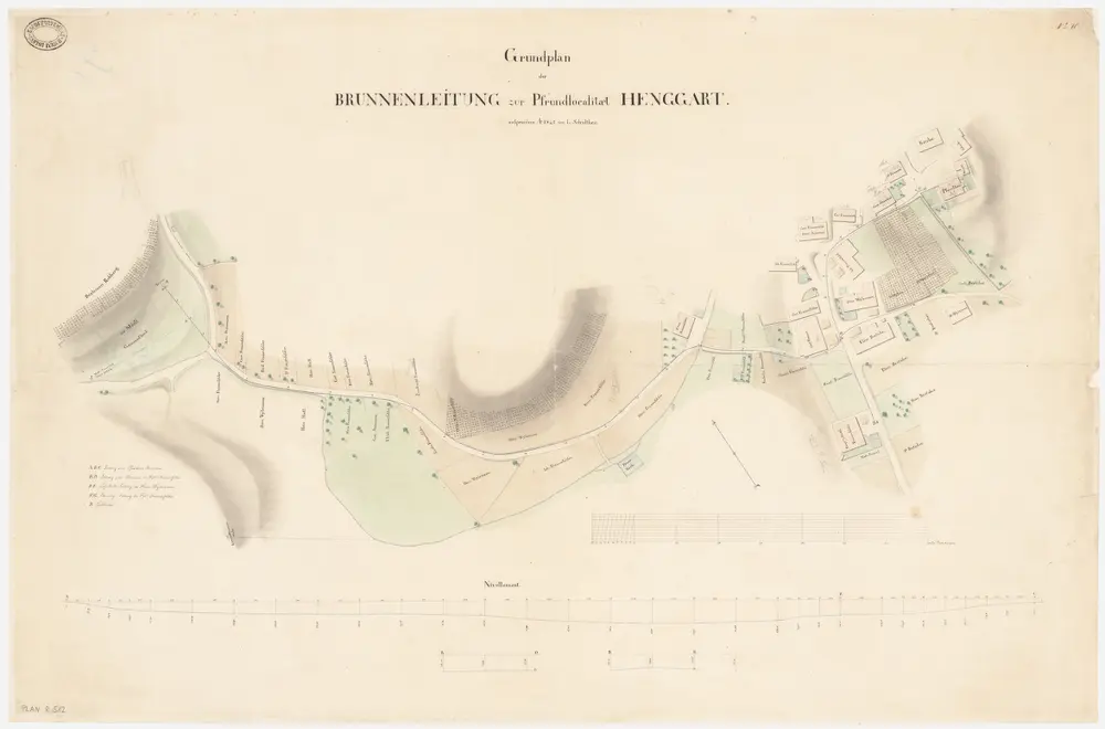 Henggart: Brunnenleitung zur Pfrundlokalität mit Pfarrhaus; Grundriss und Nivellement (Nr.10)